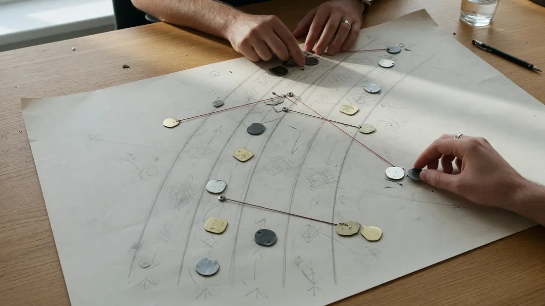 Esports tactical map with annotation markers on a light desk