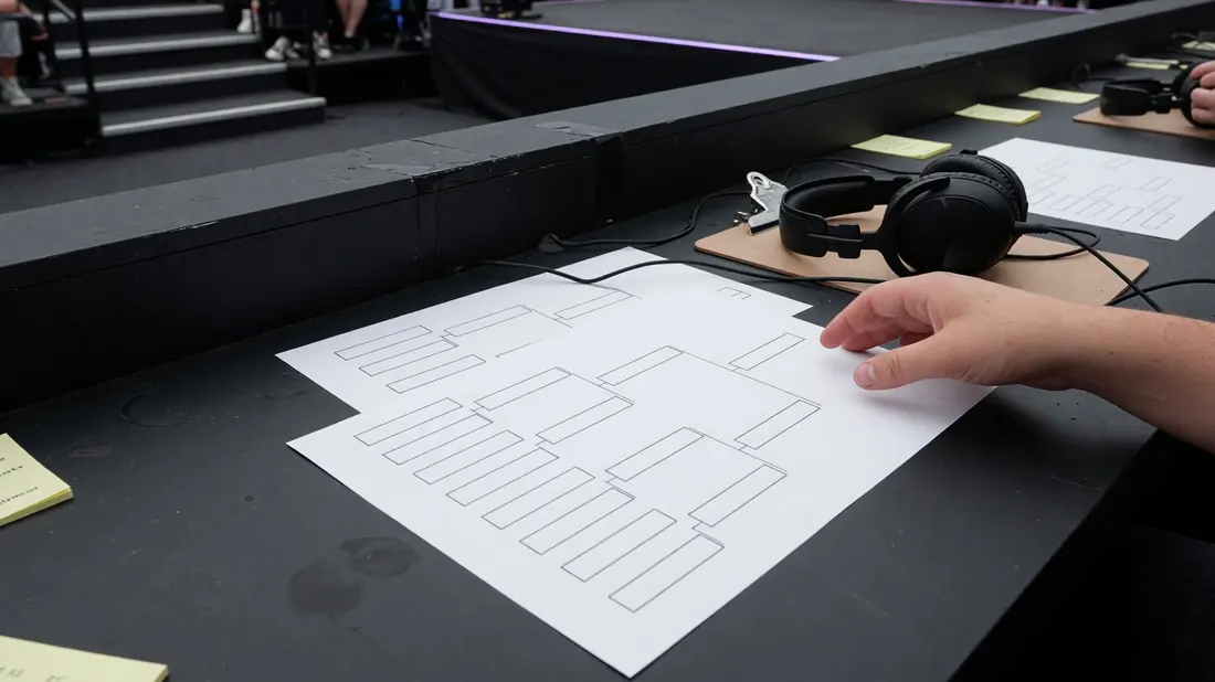 Swiss stage pairing board in a tournament operations room